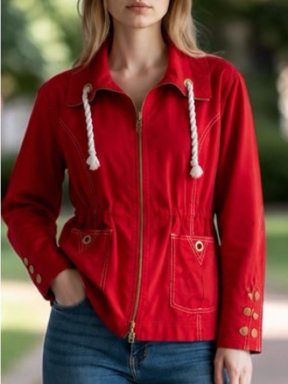 AC-TIV-OLOGY red all weather jacket all cotton, sz Large , Adirondack style,
